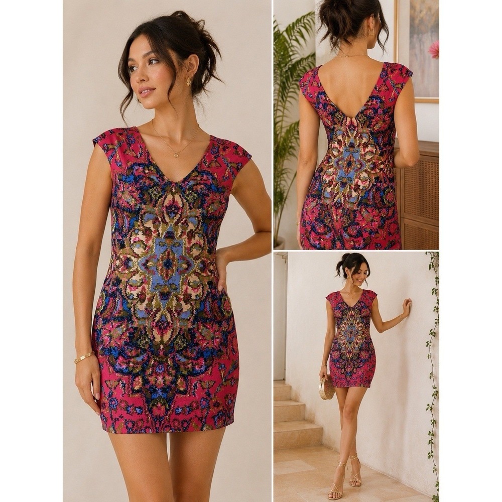 Maeve Shift Mini Dress Women XS Pink Blue Paisley‎ V-Neck Excellent Boho